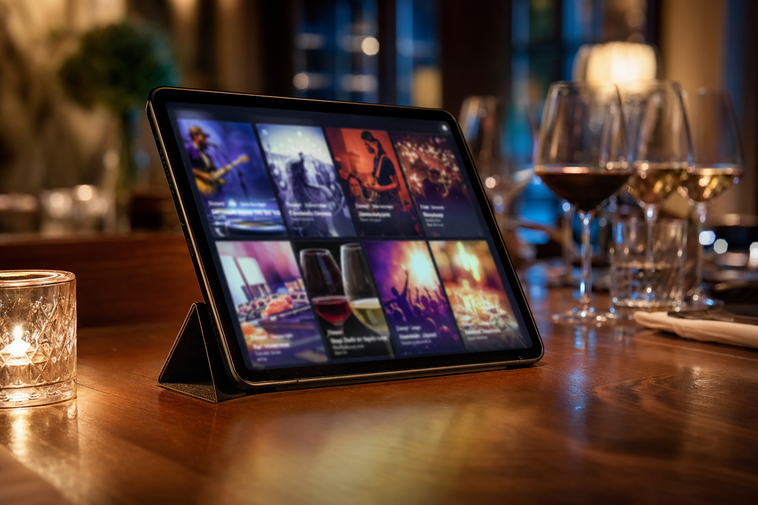 Tablet on a table showing a calendar grid of colorful event-style tiles in a dim upscale bar