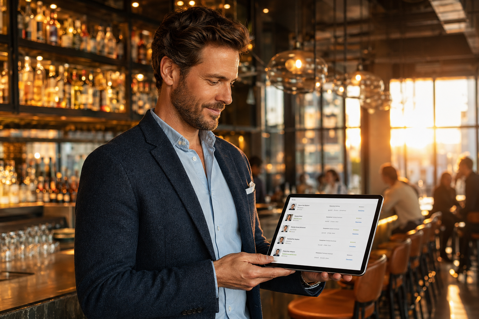 Hiring manager in a bar reviewing applicants on a tablet