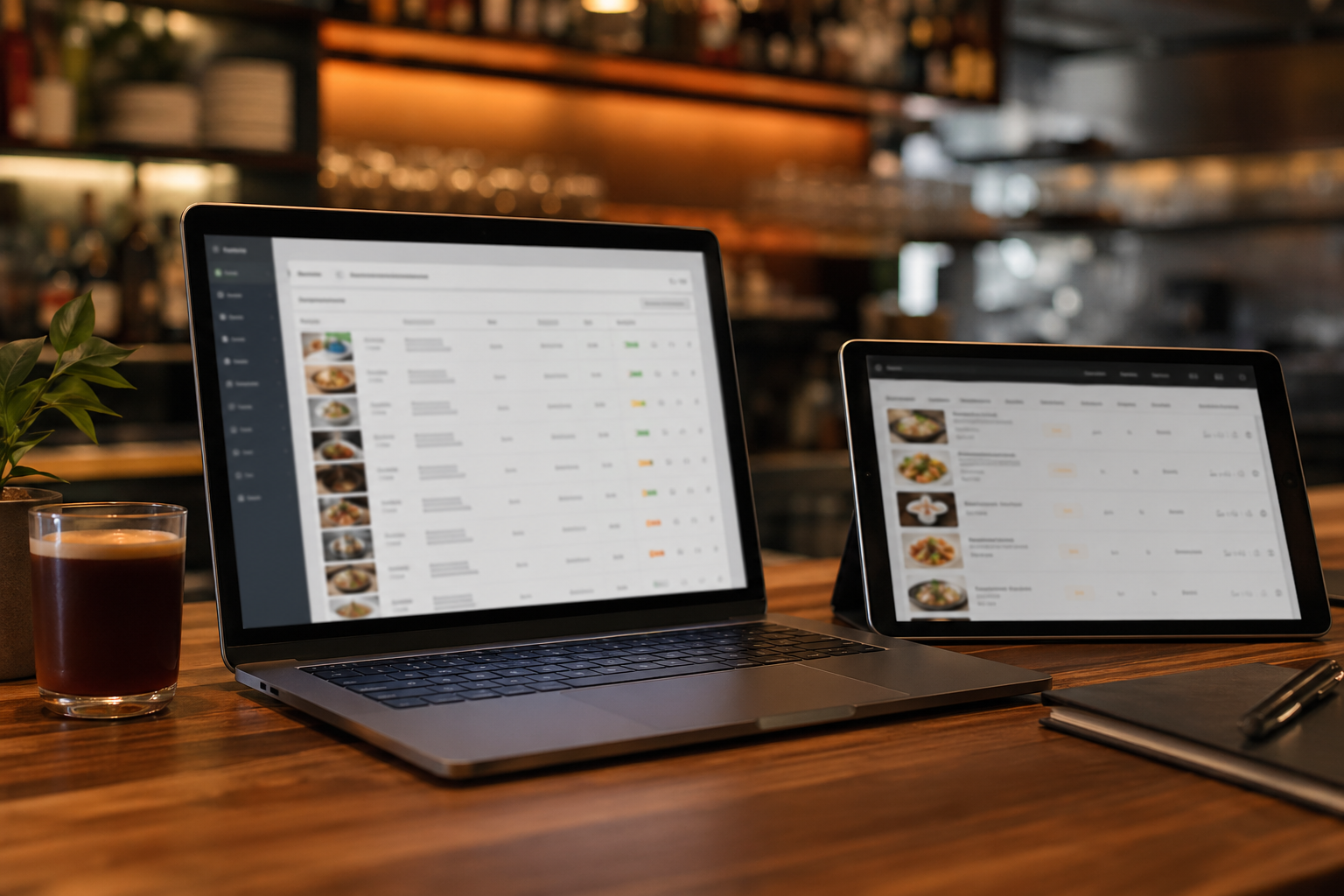 Laptop and tablet on a bar counter, menu-style UI on screens in a warm restaurant back-office setting
